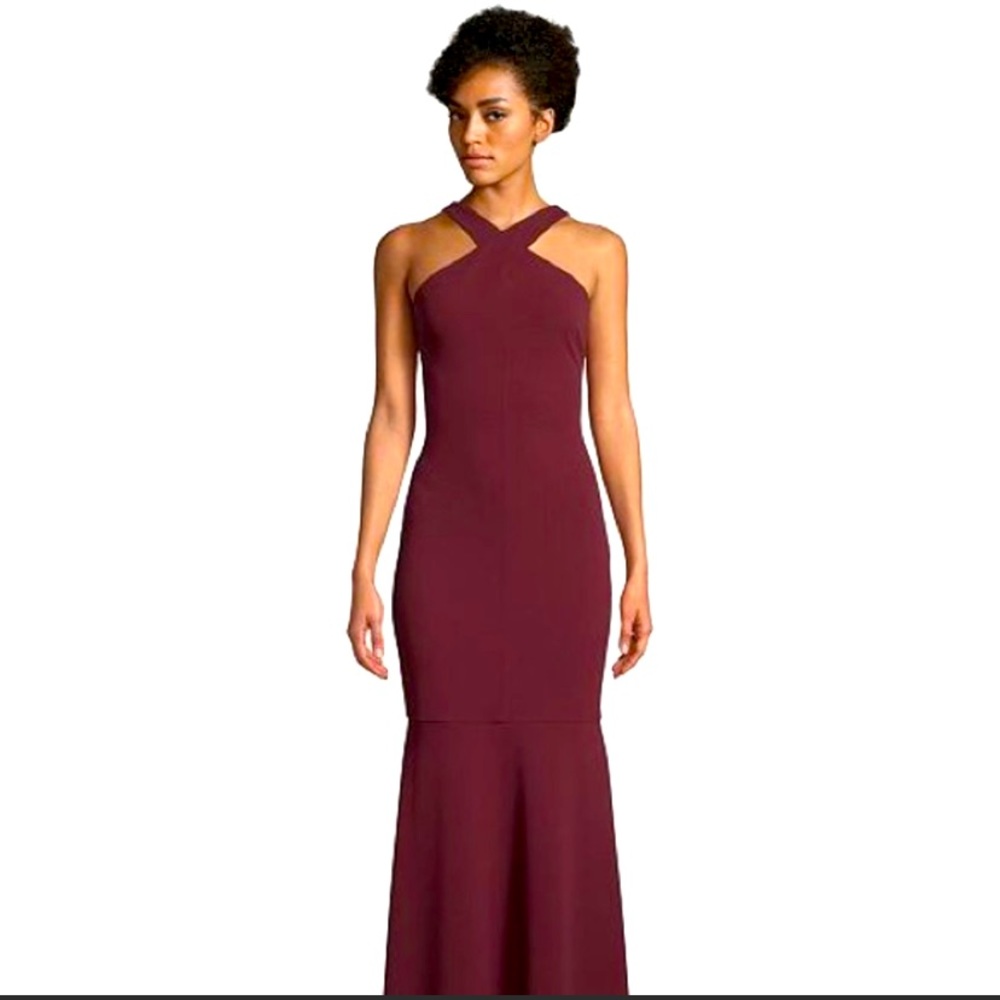 Betsy & Adam B&A burgundy mermaid halter gown Sz 4